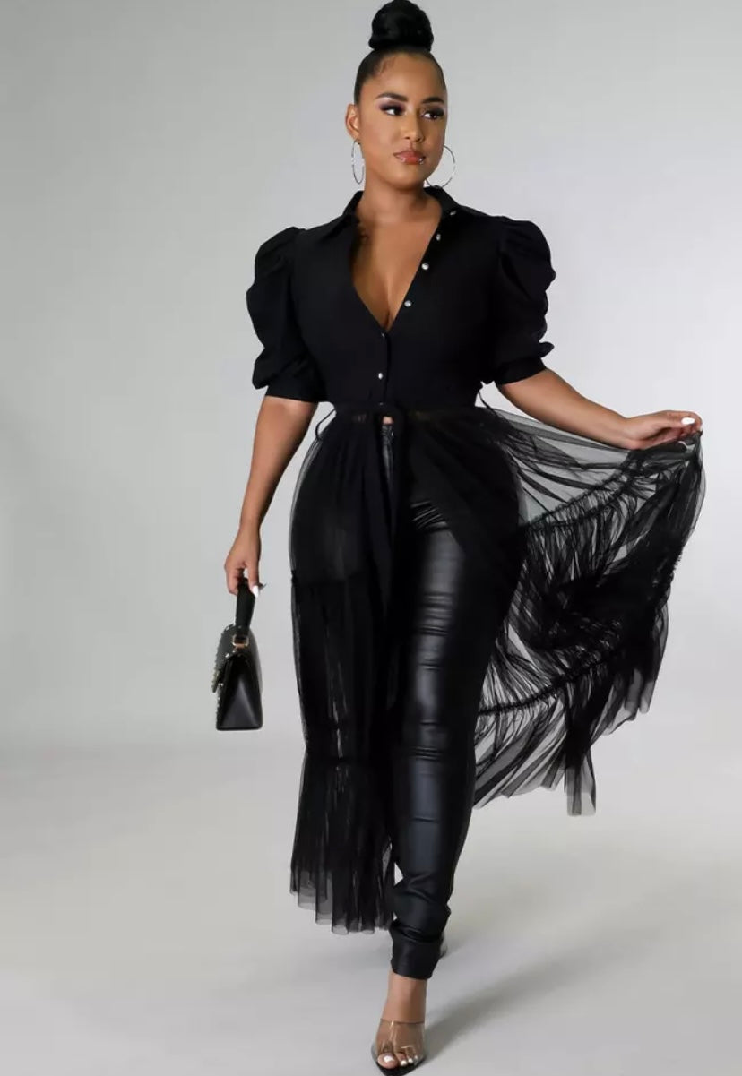 Puff Sleeve Button Turn Down Collar Sheer Mesh